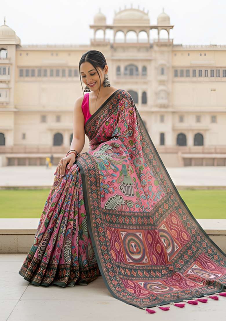 Baby Pink Silk Blend Saree Set with Zari Work for Diwali | Wedding & Festive Wear - Indya