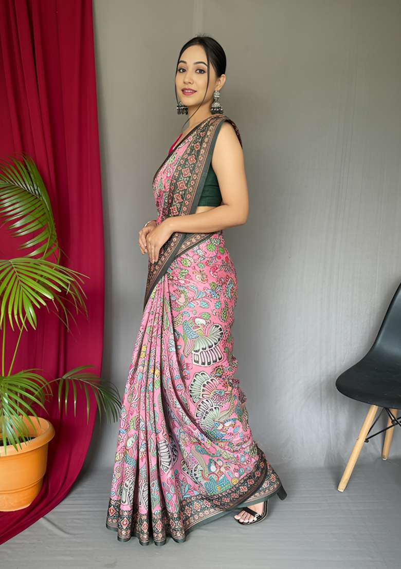 Baby Pink Silk Blend Saree Set with Zari Work for Diwali | Wedding & Festive Wear - Indya