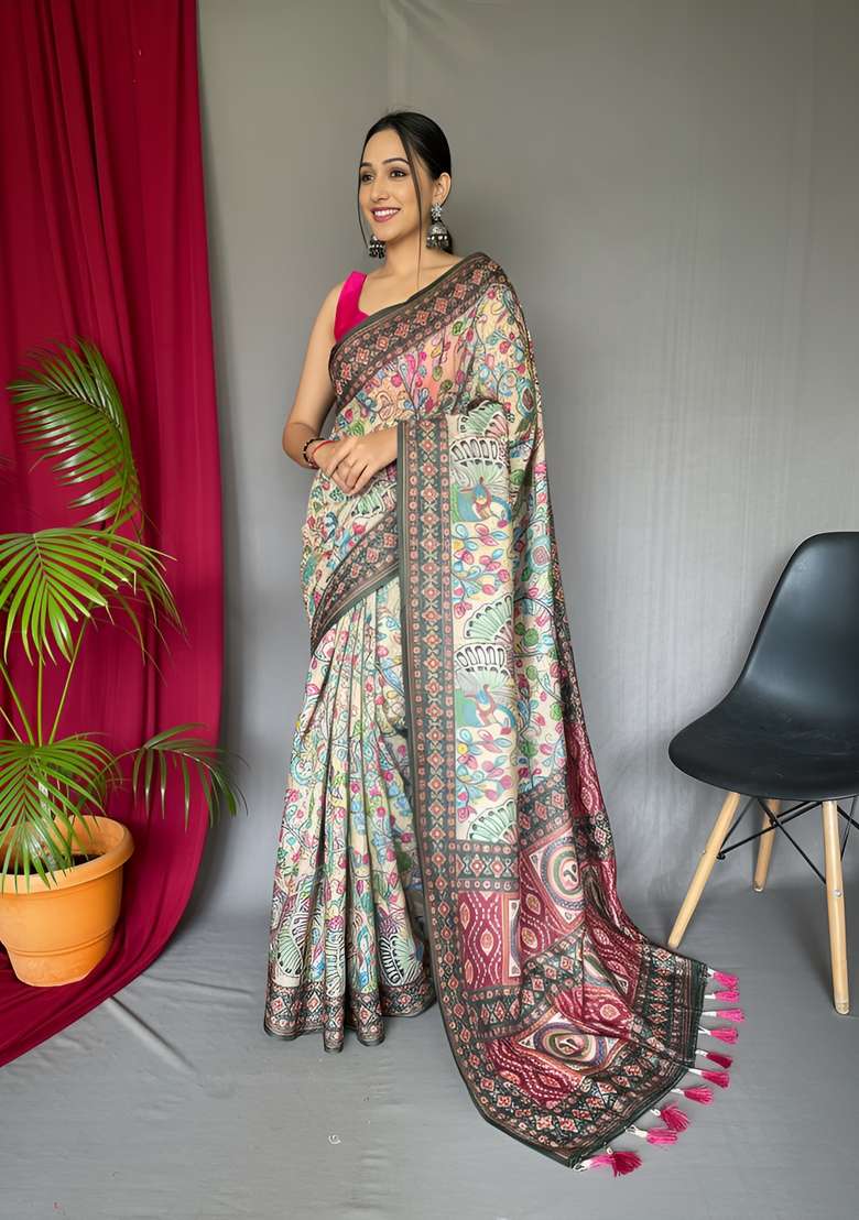 Cream Silk Blend Saree Set with Zari Work for Diwali | Wedding & Festive Wear - Indya