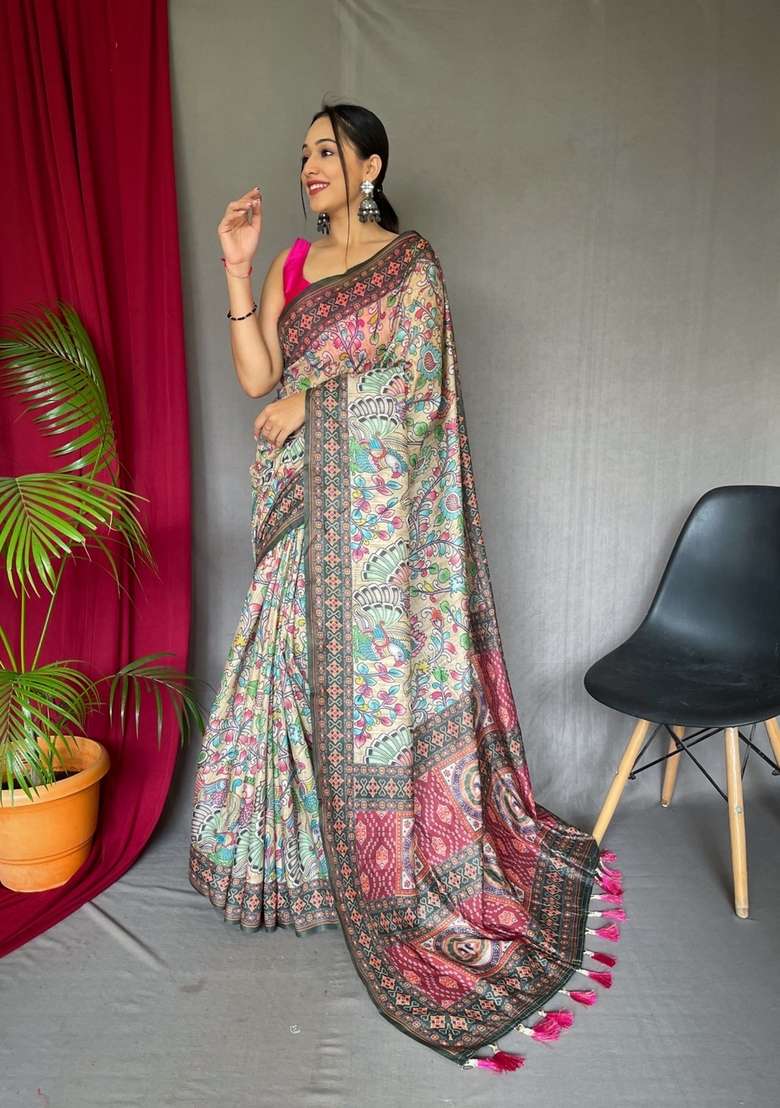 Cream Silk Blend Saree Set with Zari Work for Diwali | Wedding & Festive Wear - Indya