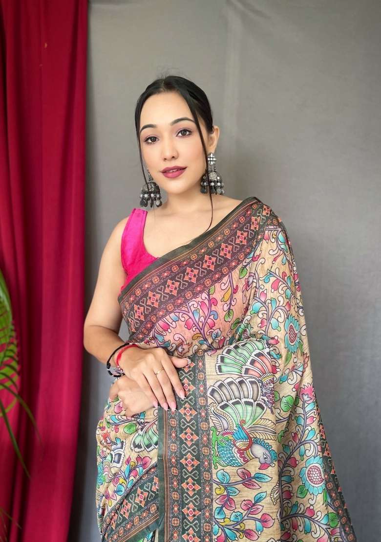Cream Silk Blend Saree Set with Zari Work for Diwali | Wedding & Festive Wear - Indya
