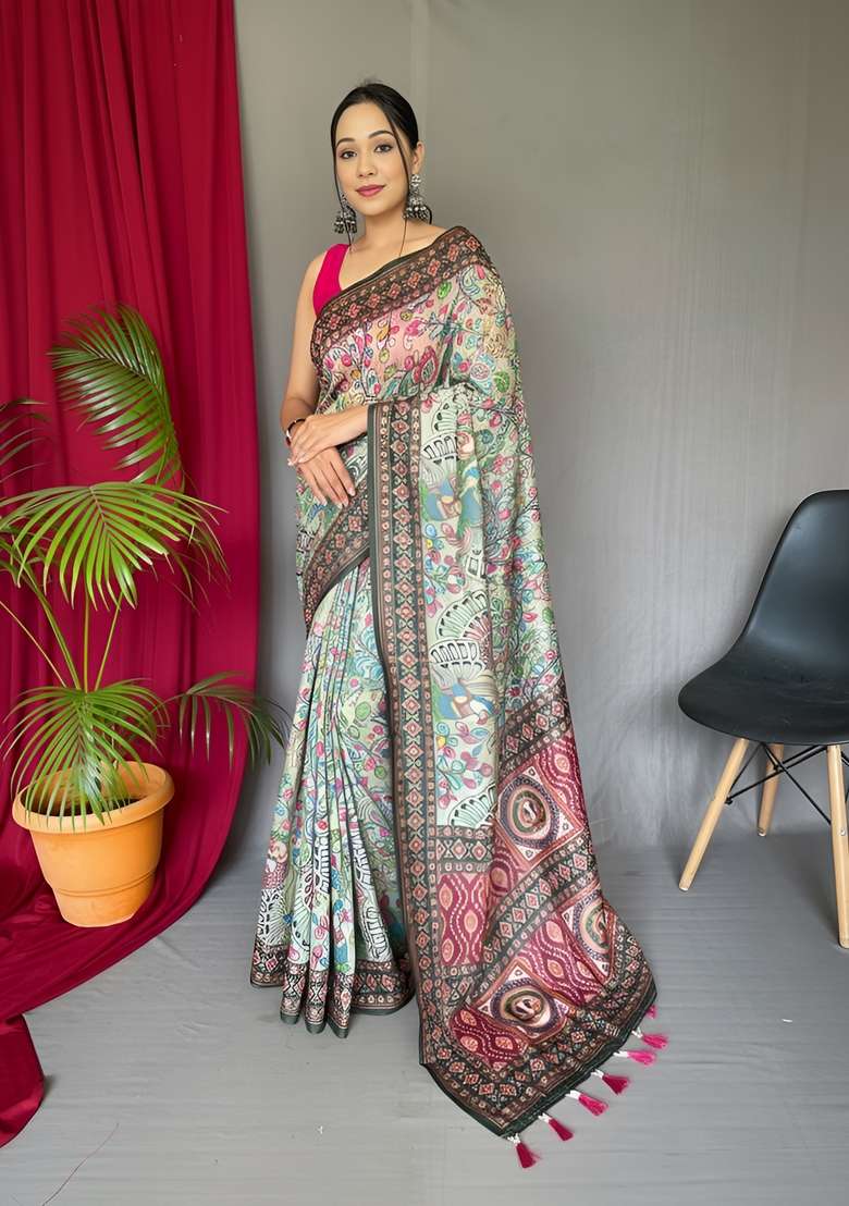 Green Silk Blend Saree Set with Zari Work for Diwali | Wedding & Festive Wear - Indya