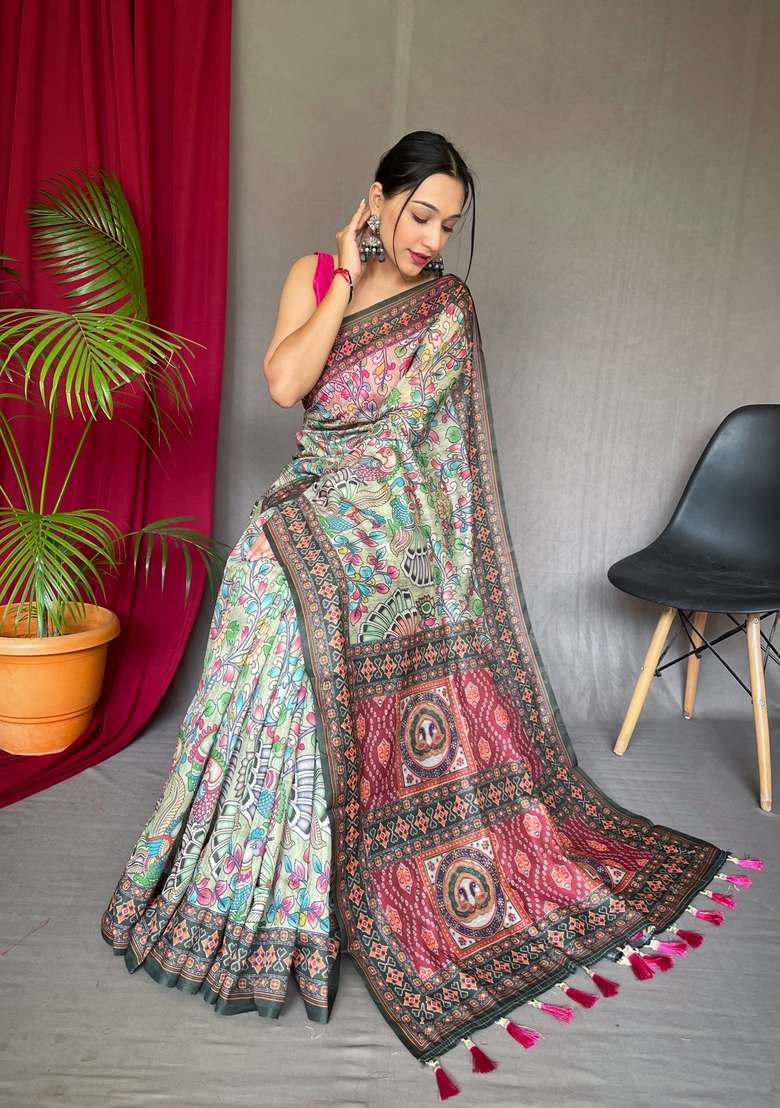 Green Silk Blend Saree Set with Zari Work for Diwali | Wedding & Festive Wear - Indya