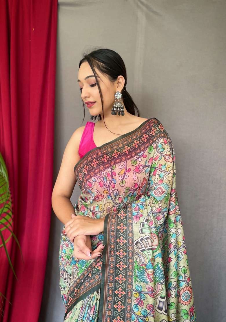 Green Silk Blend Saree Set with Zari Work for Diwali | Wedding & Festive Wear - Indya