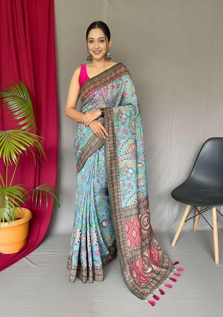 Sky Blue Silk Blend Saree Set with Zari Work for Diwali | Wedding & Festive Wear - Indya