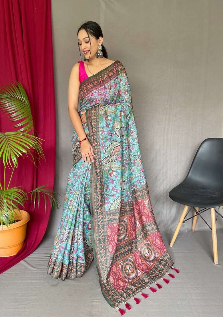 Sky Blue Silk Blend Saree Set with Zari Work for Diwali | Wedding & Festive Wear - Indya