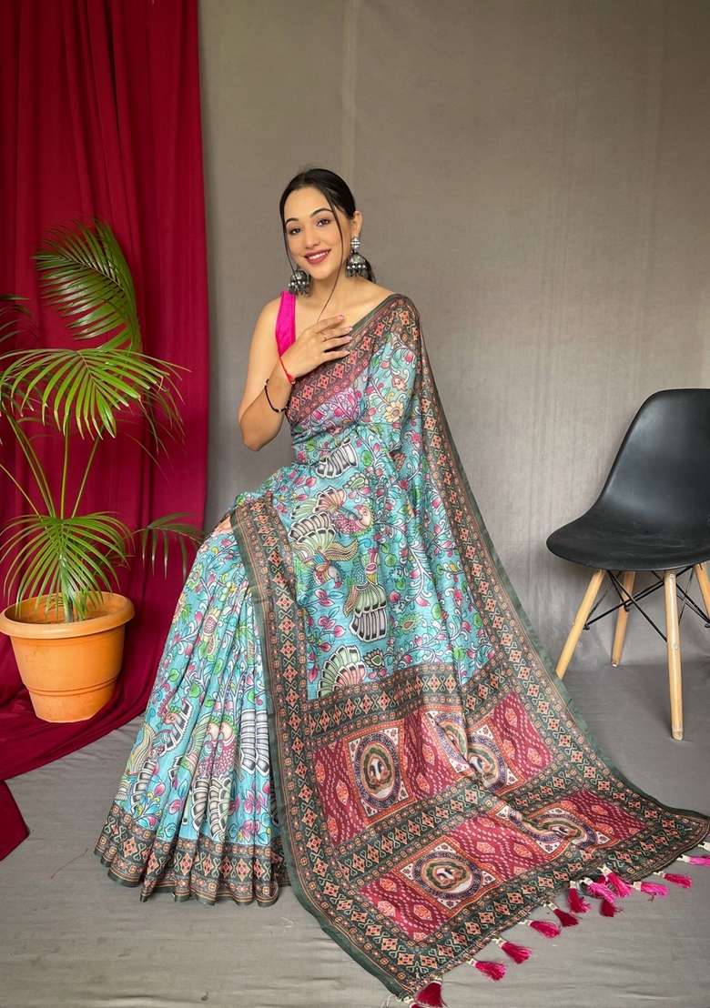 Sky Blue Silk Blend Saree Set with Zari Work for Diwali | Wedding & Festive Wear - Indya