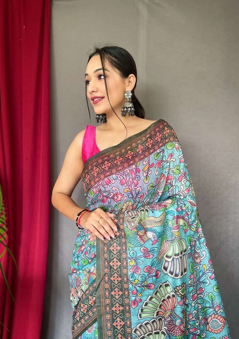 Sky Blue Silk Blend Saree Set with Zari Work for Diwali | Wedding & Festive Wear - Indya