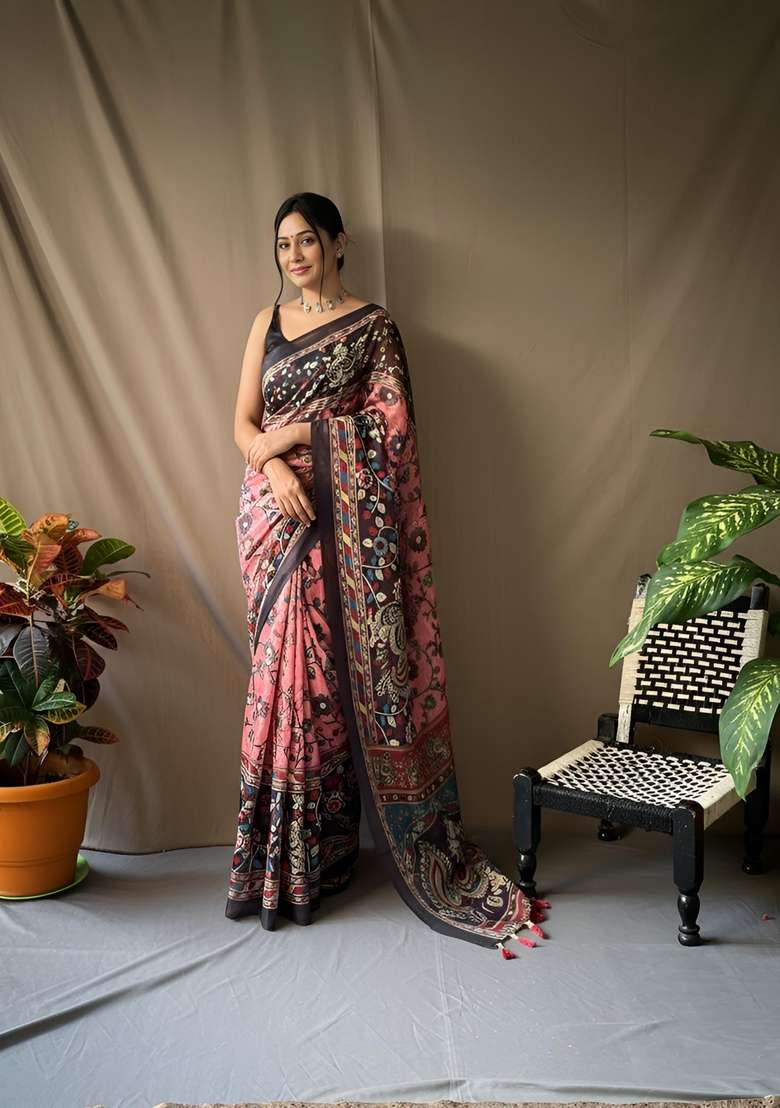 Baby Pink Zari Work Silk Blend Saree Set for Diwali and Festive Wear - Indya