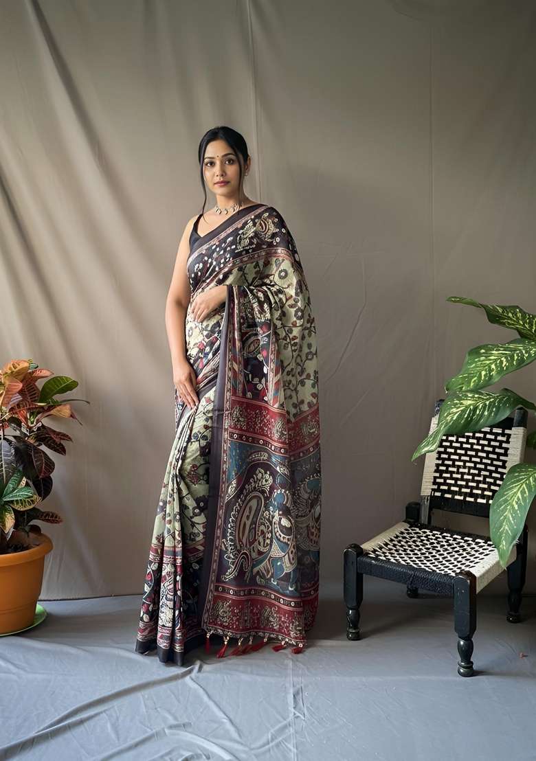 Green Silk Blend Saree Set with Zari Work for Diwali | Wedding & Festive Wear - Indya