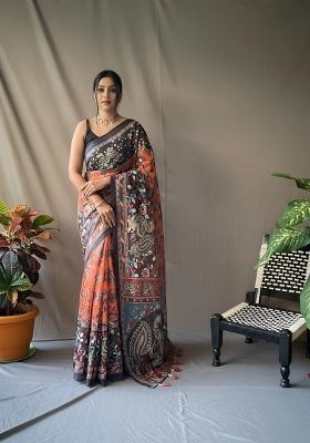 Orange Zari Work Silk Blend Saree Set