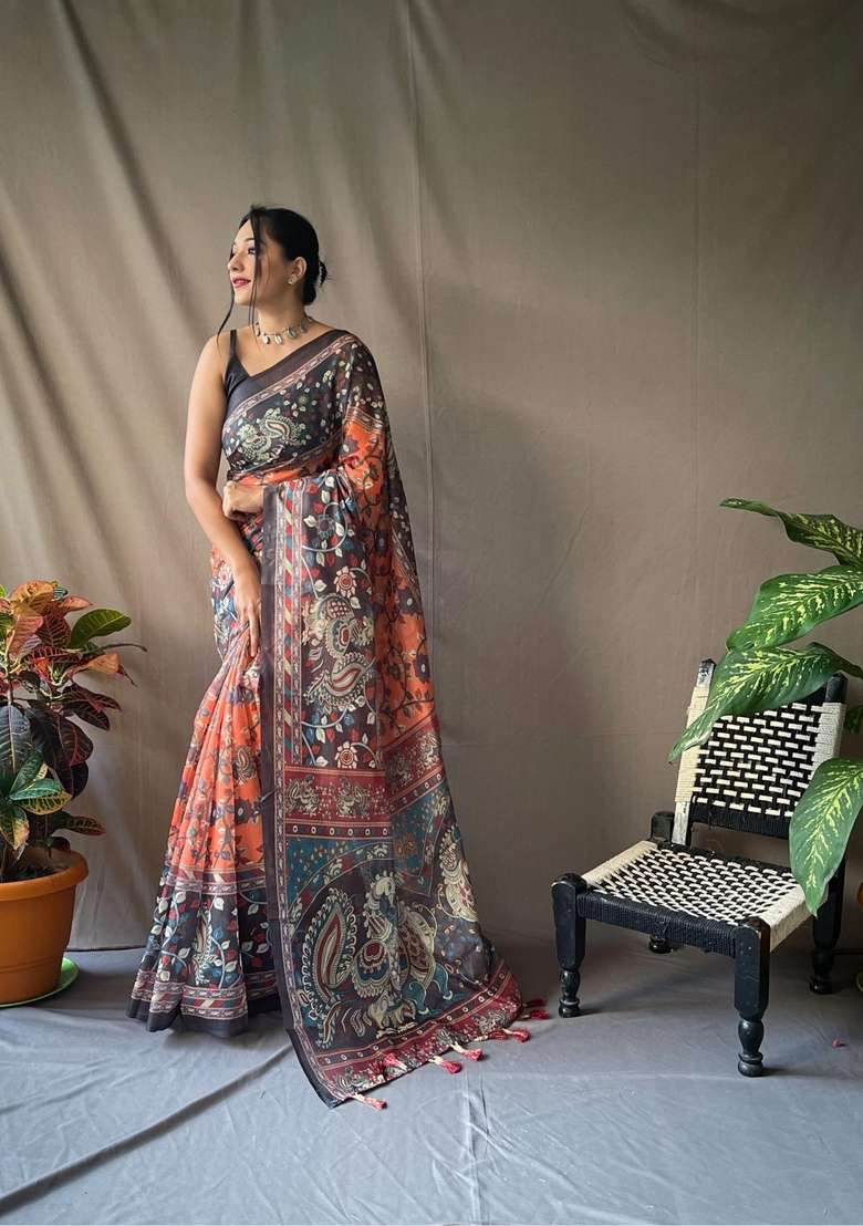 Orange Silk Blend Saree Set with Zari Work for Diwali | Wedding & Festive Wear - Indya