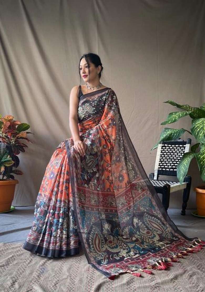 Orange Silk Blend Saree Set with Zari Work for Diwali | Wedding & Festive Wear - Indya
