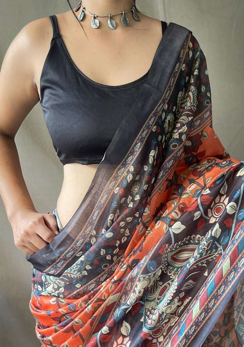 Orange Silk Blend Saree Set with Zari Work for Diwali | Wedding & Festive Wear - Indya