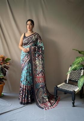 Sky Blue Zari Work Silk Blend Saree Set