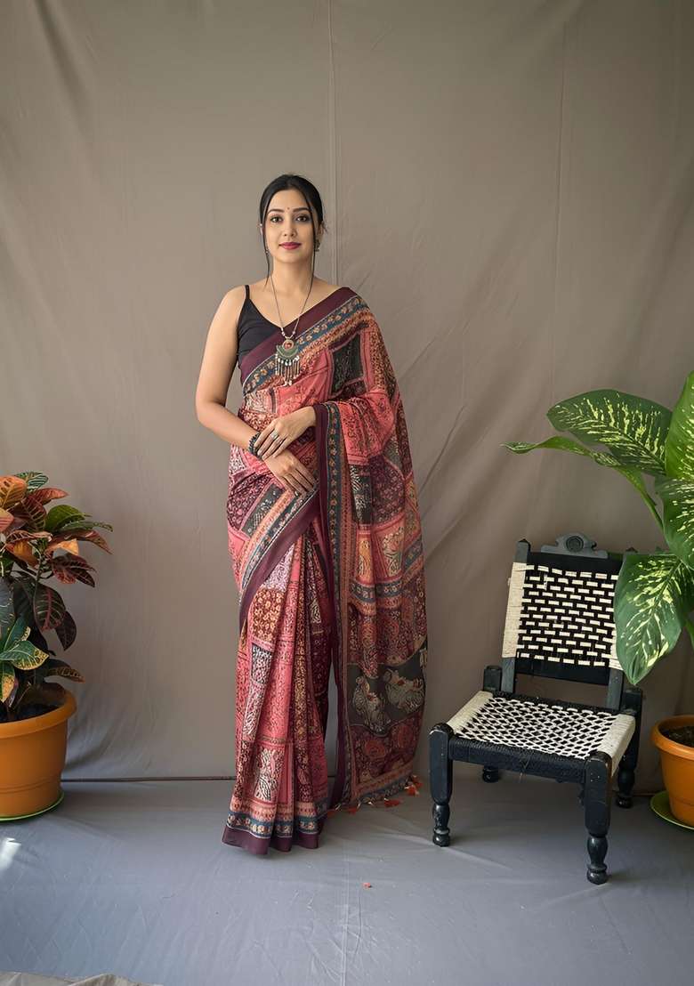 Baby Pink Zari Work Silk Blend Saree Set for Diwali and Festive Wear - Indya