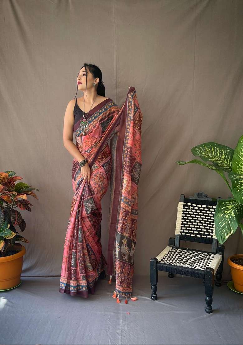 Baby Pink Zari Work Silk Blend Saree Set for Diwali and Festive Wear - Indya