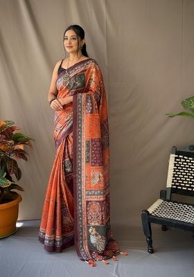Orange Zari Work Silk Blend Saree Set