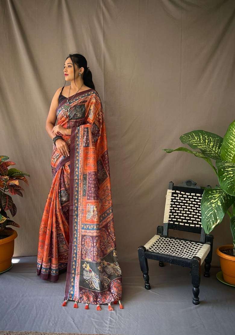 Orange Silk Blend Saree Set with Zari Work for Diwali | Wedding & Festive Wear - Indya