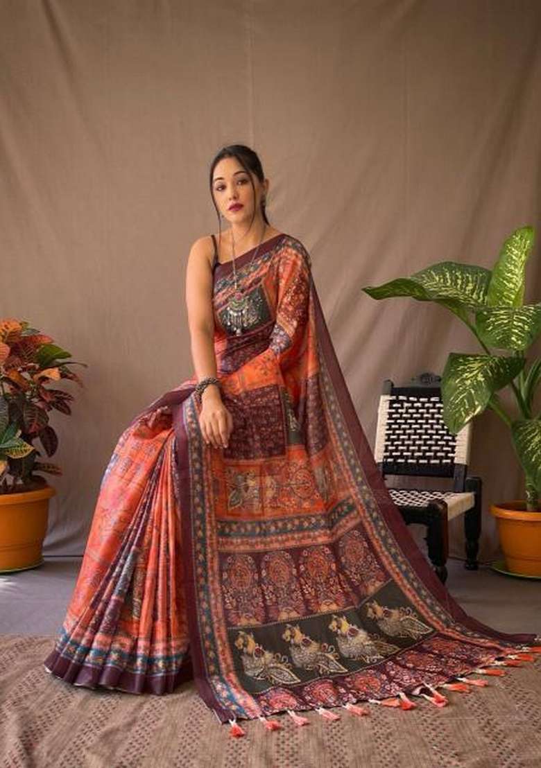 Orange Silk Blend Saree Set with Zari Work for Diwali | Wedding & Festive Wear - Indya
