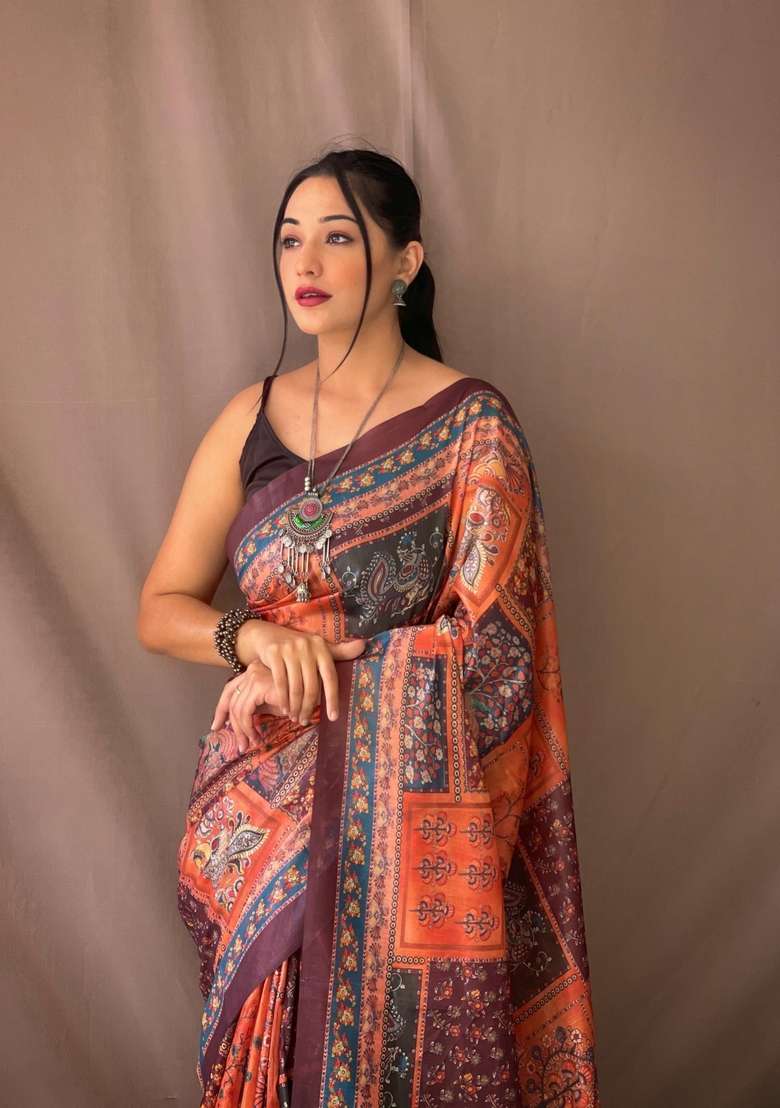 Orange Silk Blend Saree Set with Zari Work for Diwali | Wedding & Festive Wear - Indya