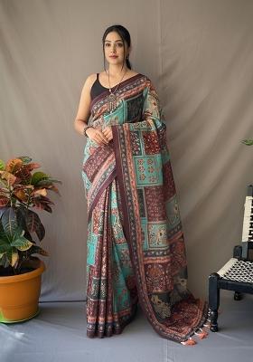 Sky Blue Zari Work Silk Blend Saree Set