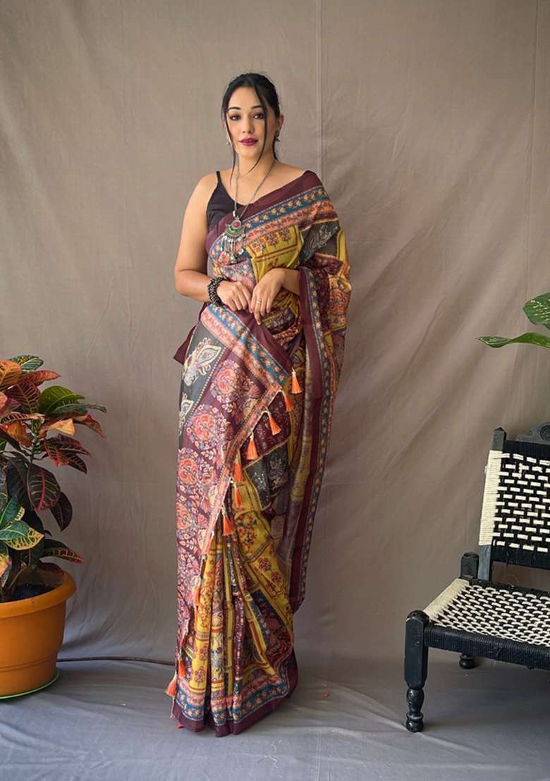 Yellow Zari Work Silk Blend Saree Set for Diwali and Festive Wear - Indya