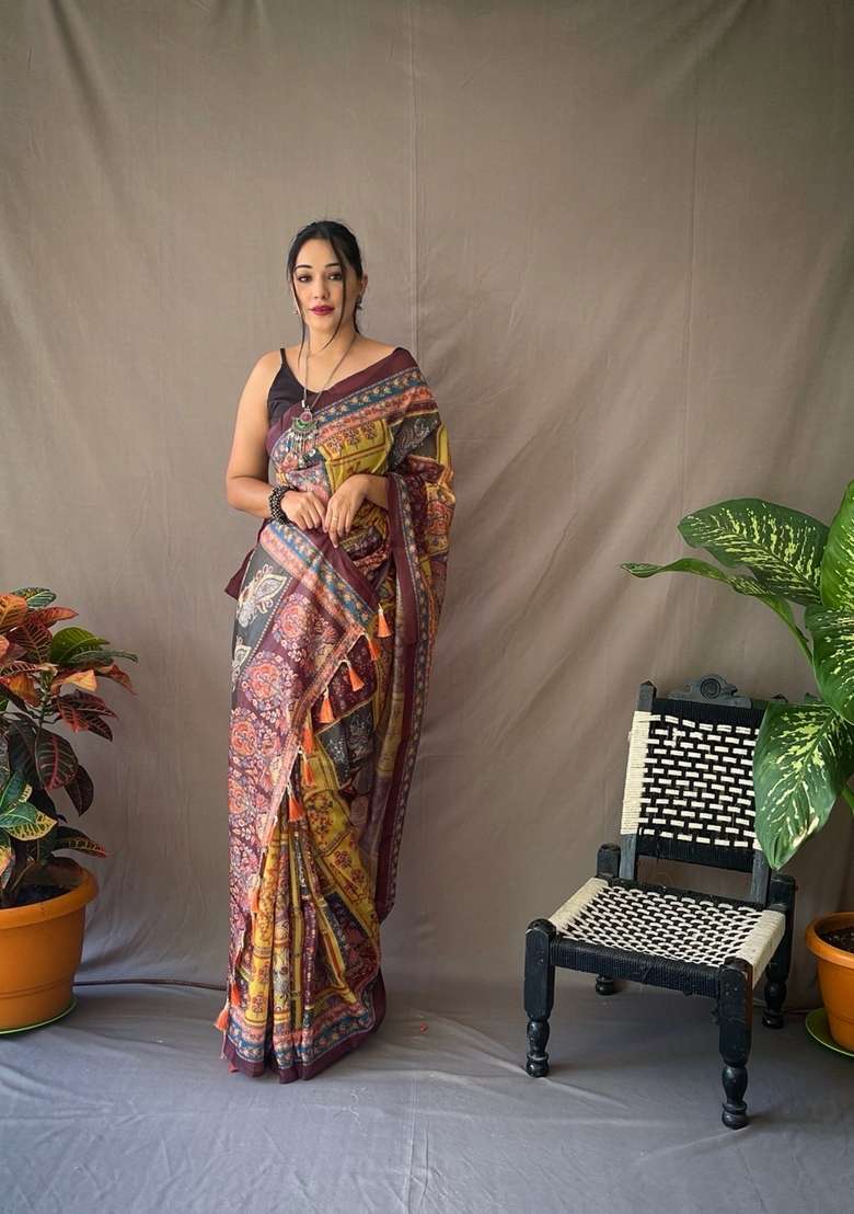 Yellow Zari Work Silk Blend Saree Set for Diwali and Festive Wear - Indya