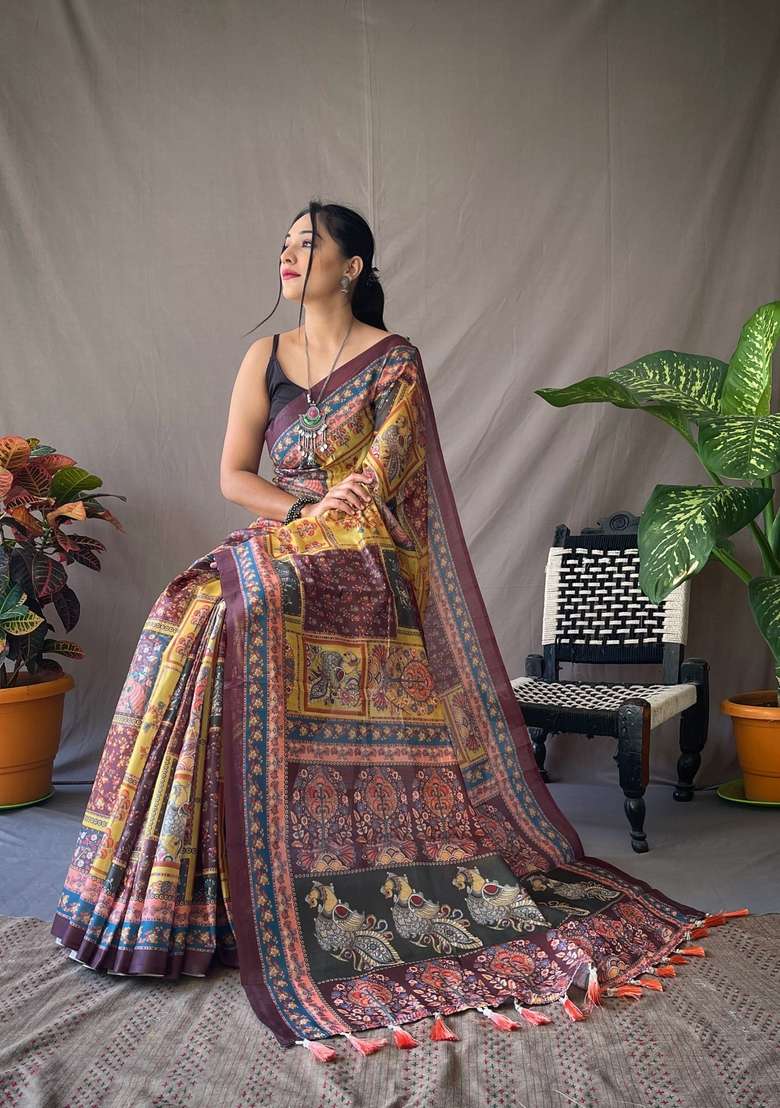 Yellow Zari Work Silk Blend Saree Set for Diwali and Festive Wear - Indya