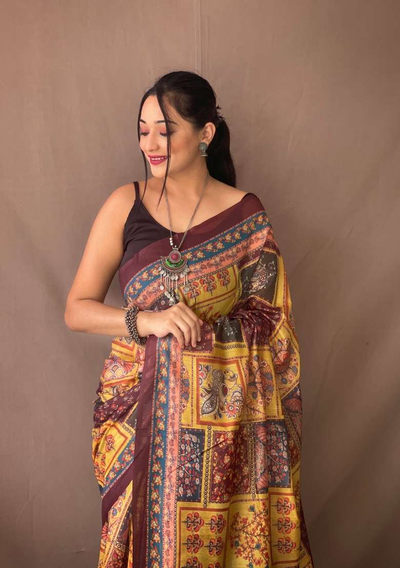 Yellow Zari Work Silk Blend Saree Set for Diwali and Festive Wear - Indya
