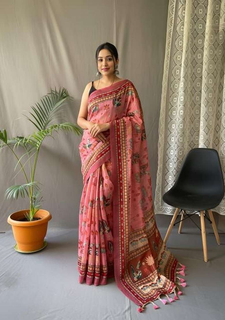 Baby Pink Silk Blend Saree Set with Zari Work for Diwali | Wedding & Festive Wear - Indya