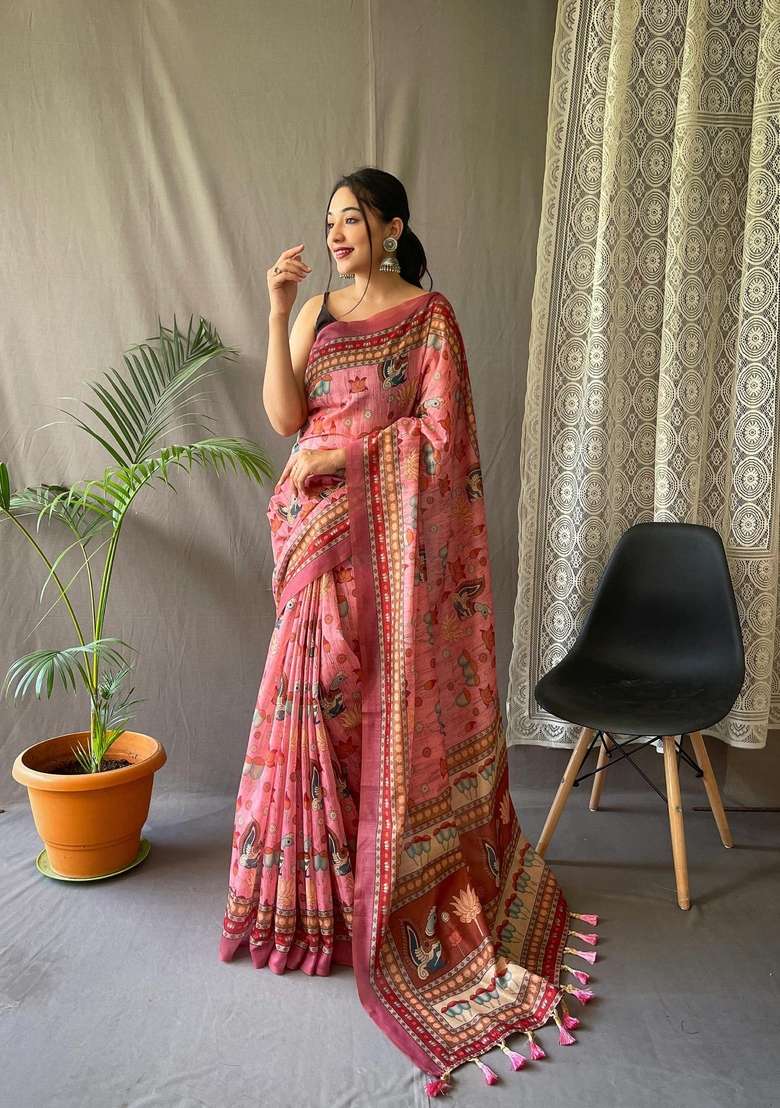 Baby Pink Silk Blend Saree Set with Zari Work for Diwali | Wedding & Festive Wear - Indya
