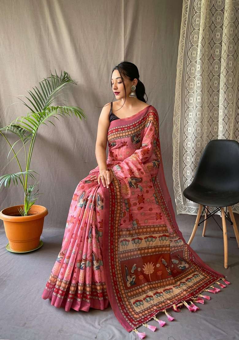 Baby Pink Silk Blend Saree Set with Zari Work for Diwali | Wedding & Festive Wear - Indya