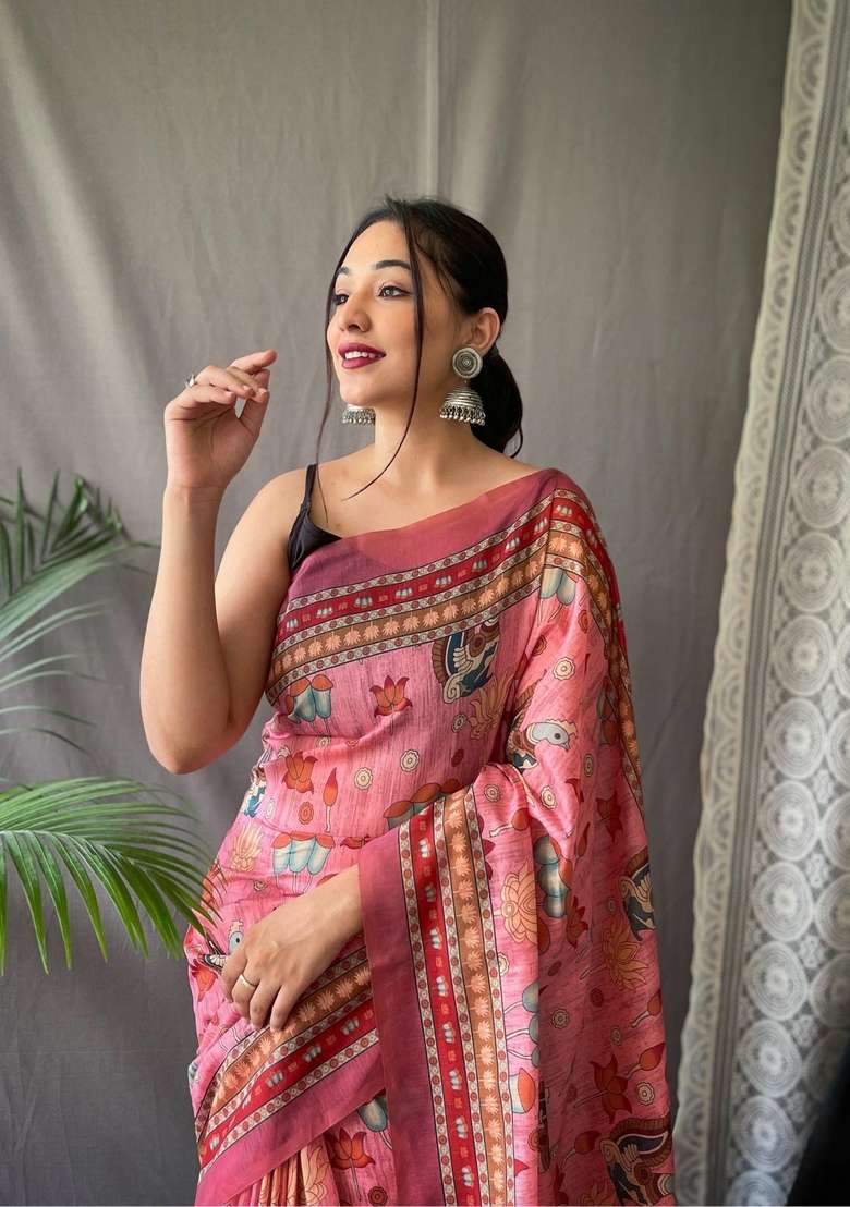 Baby Pink Silk Blend Saree Set with Zari Work for Diwali | Wedding & Festive Wear - Indya