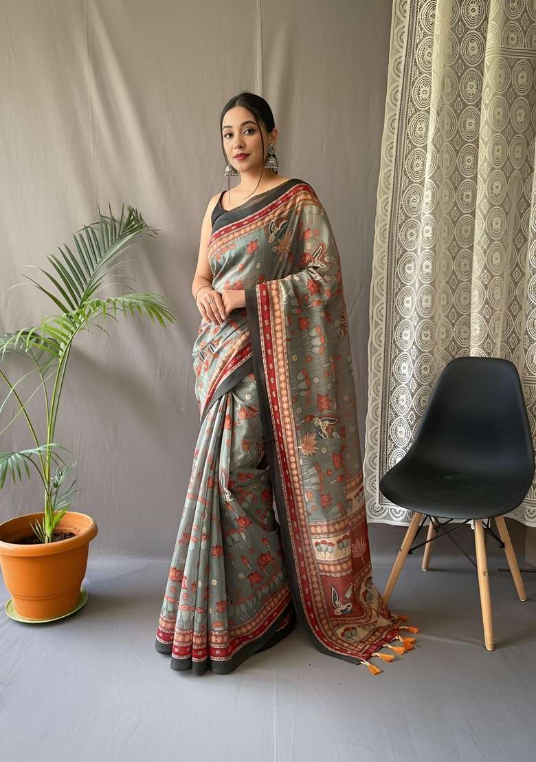 Green Zari Work Silk Blend Saree Set for Diwali and Festive Wear - Indya