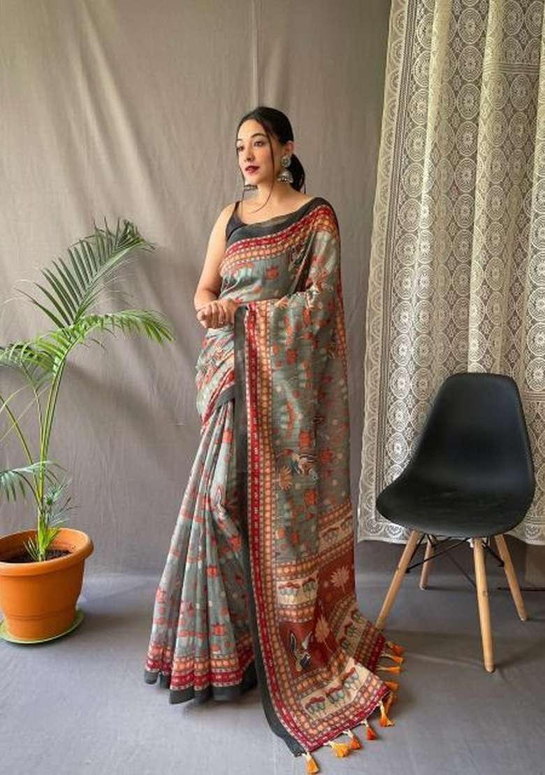 Green Zari Work Silk Blend Saree Set for Diwali and Festive Wear - Indya