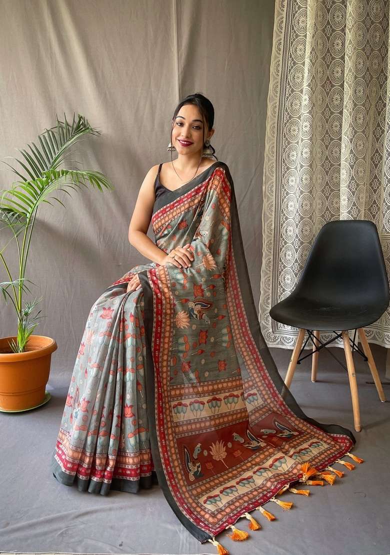 Green Zari Work Silk Blend Saree Set for Diwali and Festive Wear - Indya