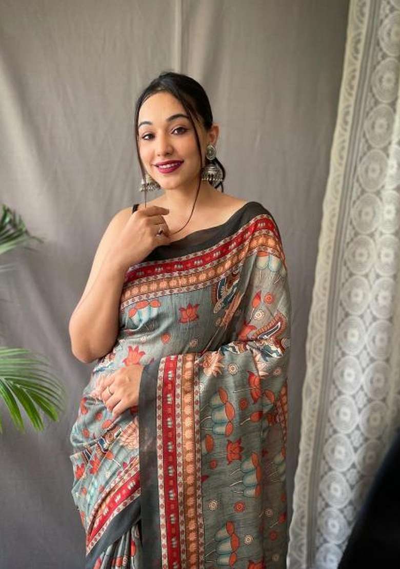 Green Zari Work Silk Blend Saree Set for Diwali and Festive Wear - Indya