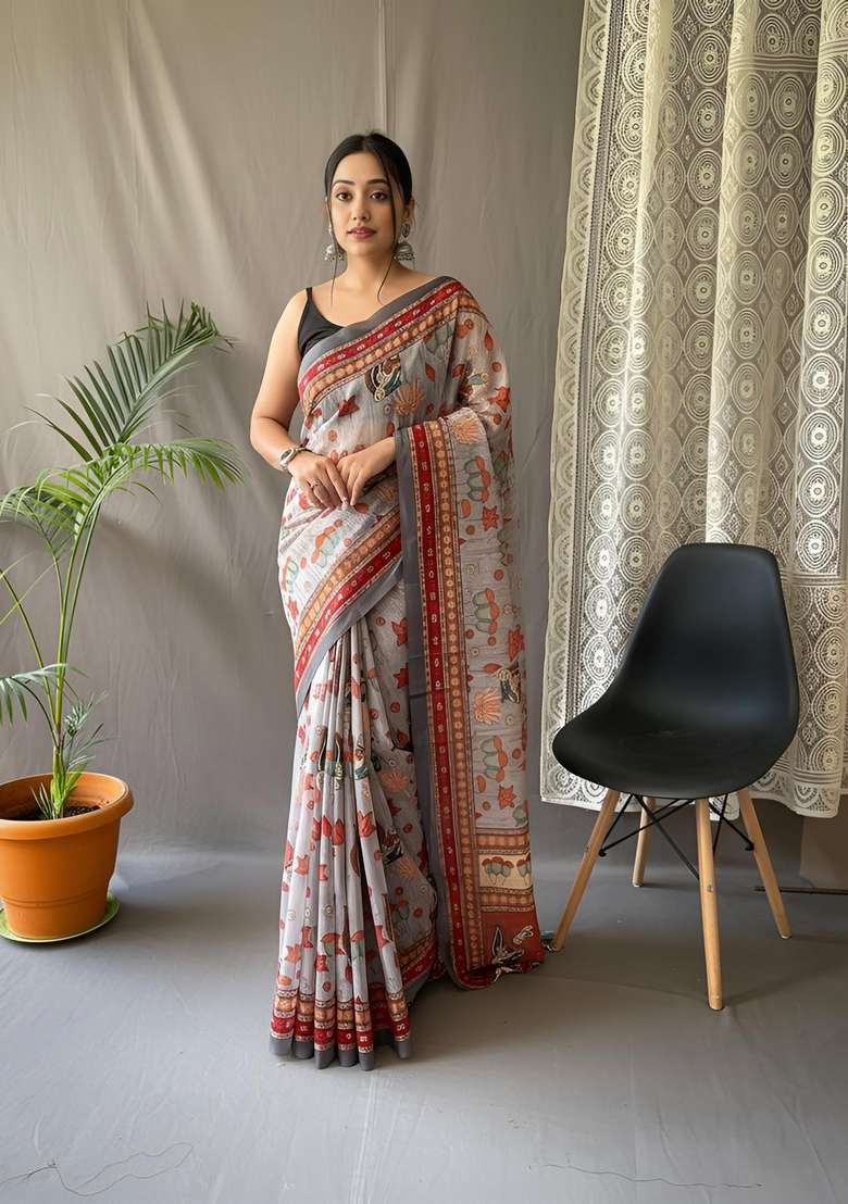 Grey Zari Work Silk Blend Saree Set for Diwali and Festive Wear - Indya