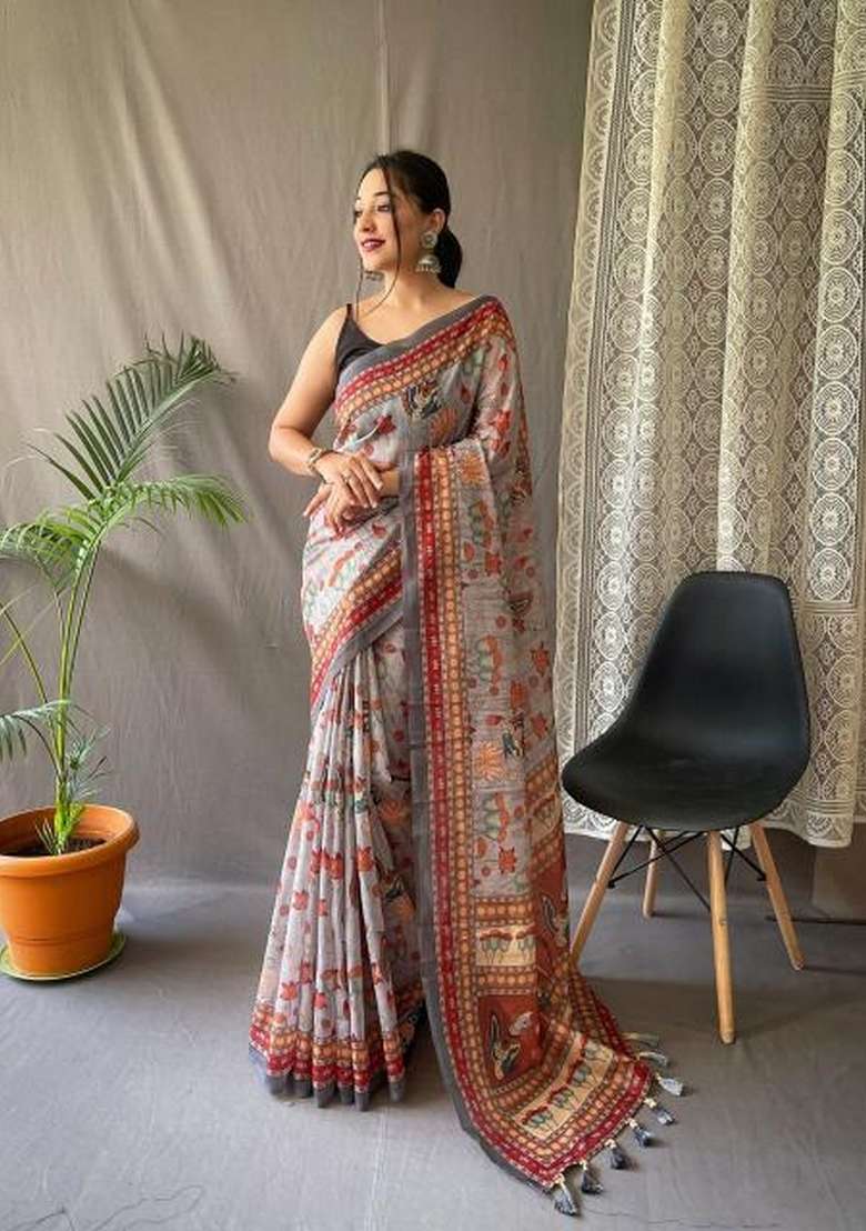 Grey Zari Work Silk Blend Saree Set for Diwali and Festive Wear - Indya