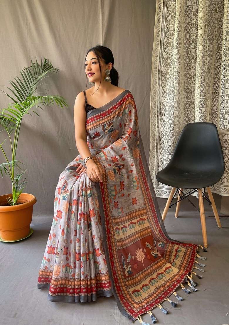 Grey Zari Work Silk Blend Saree Set for Diwali and Festive Wear - Indya