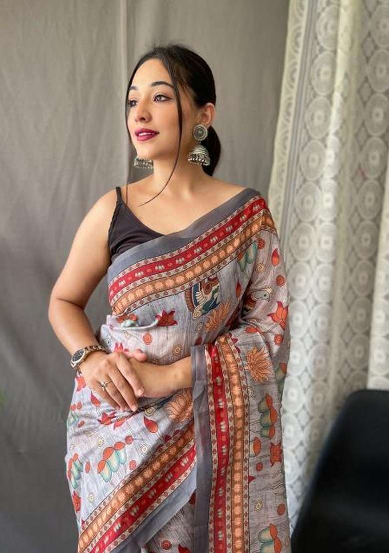 Grey Zari Work Silk Blend Saree Set for Diwali and Festive Wear - Indya