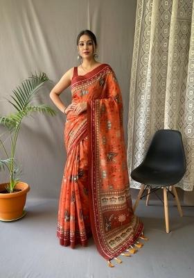 Orange Zari Work Silk Blend Saree Set