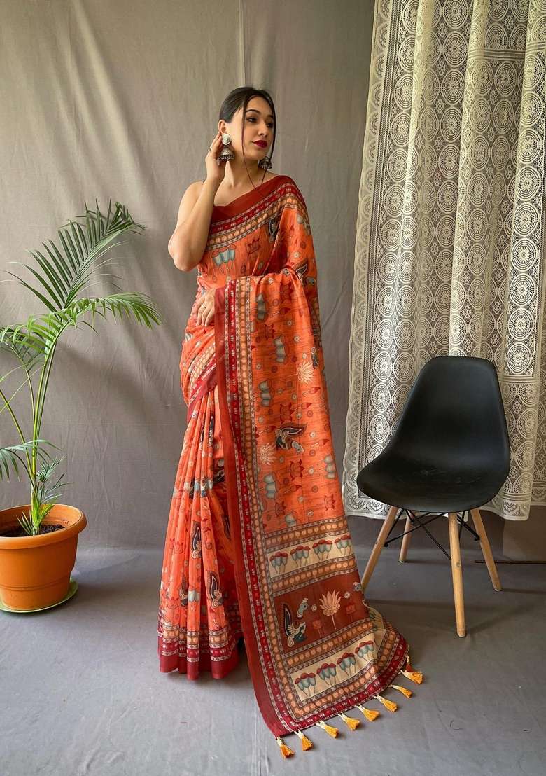 Orange Zari Work Silk Blend Saree Set for Diwali and Festive Wear - Indya