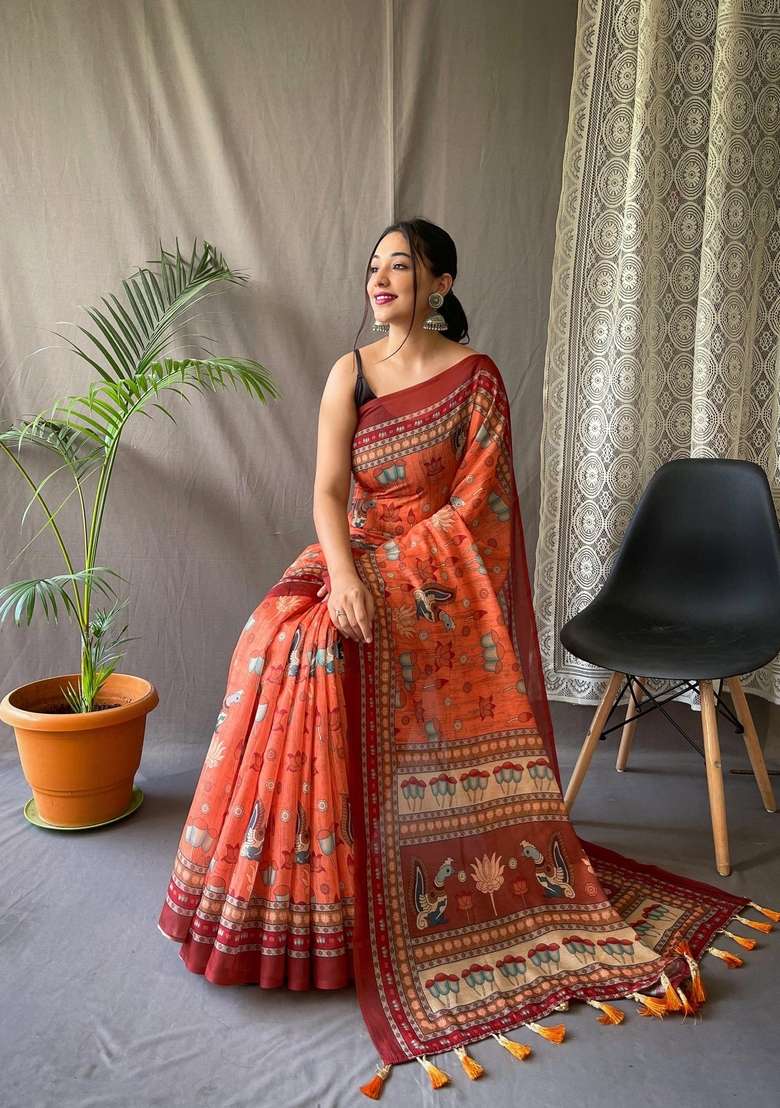 Orange Zari Work Silk Blend Saree Set for Diwali and Festive Wear - Indya