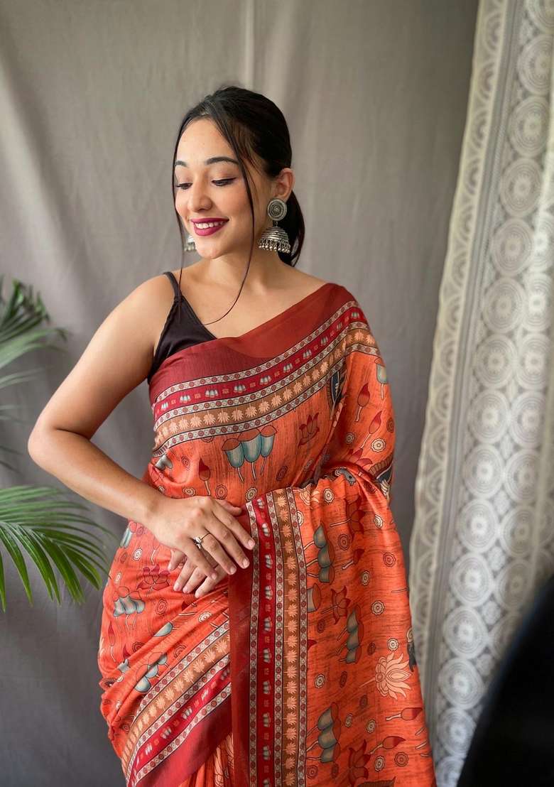 Orange Zari Work Silk Blend Saree Set for Diwali and Festive Wear - Indya