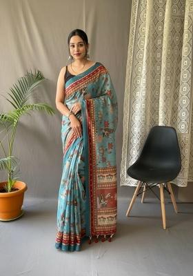 Rama Green Zari Work Silk Blend Saree Set