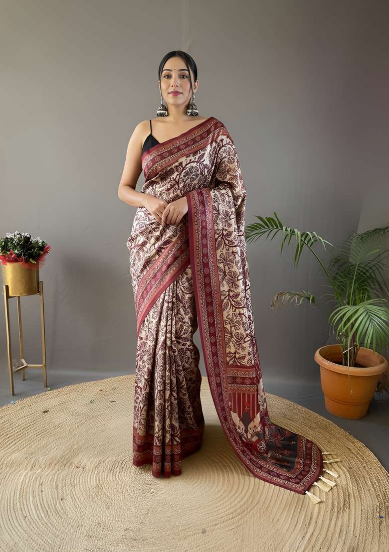 Cream Zari Work Silk Blend Saree Set for Diwali and Festive Wear - Indya