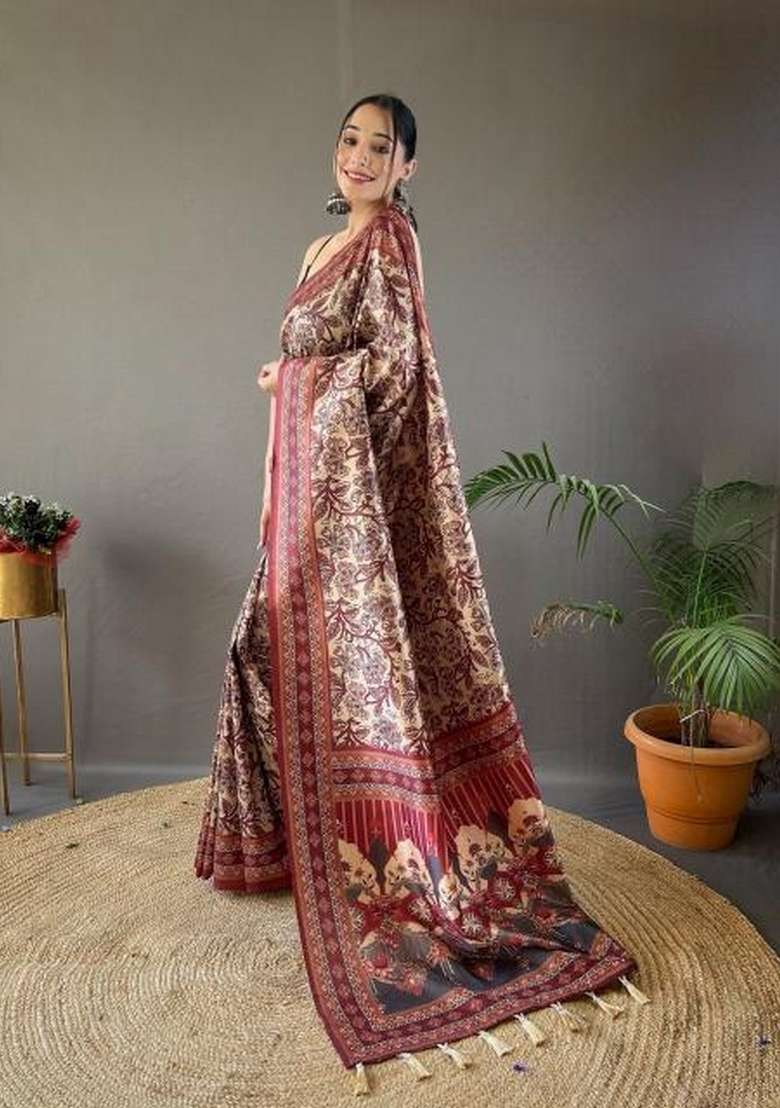 Cream Zari Work Silk Blend Saree Set for Diwali and Festive Wear - Indya