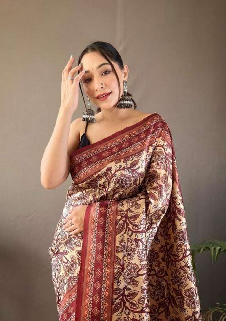 Cream Zari Work Silk Blend Saree Set for Diwali and Festive Wear - Indya